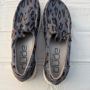 Hey Dude Leopard Print Slip-Ons in Gray and Brown